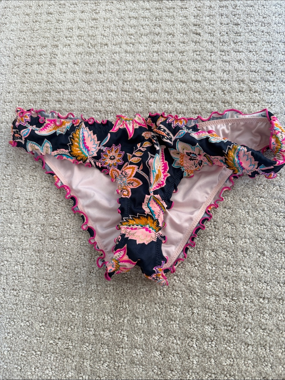 Shade & Shore Black Floral Bikini Bottoms with Pink Trim